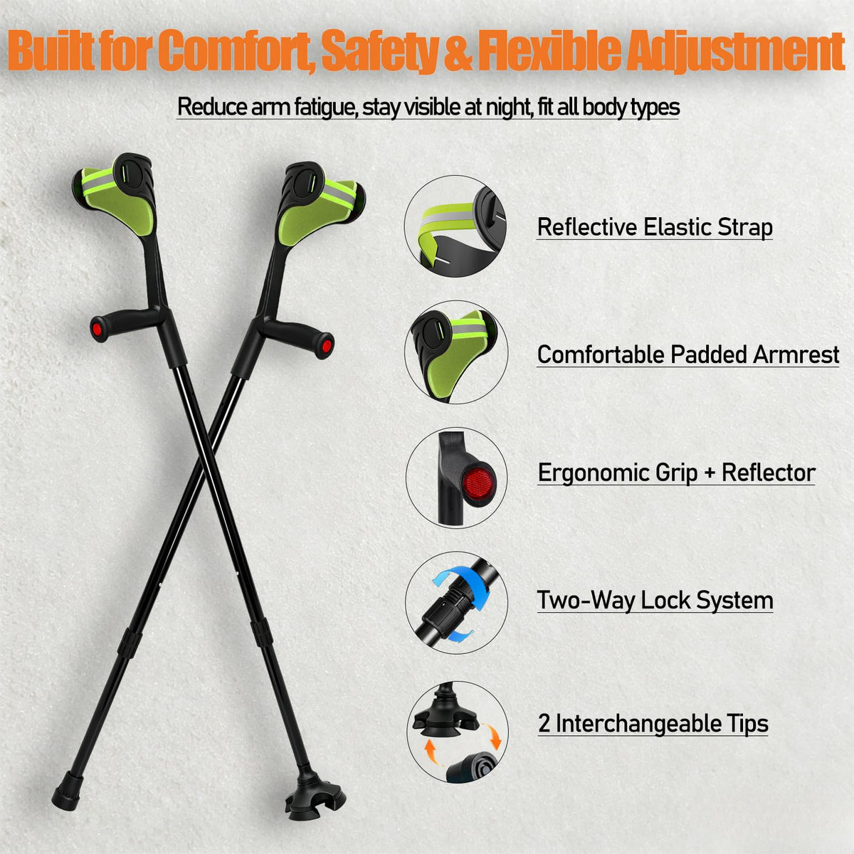 Unioncare Forearm Crutches — 360° Swivel, 350 lb