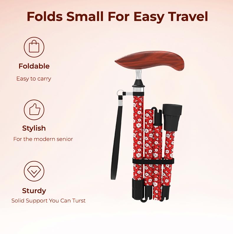 Intercare Folding Cane — Red Chrysanthemum